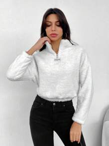 EURMUSE Letter Embroidery Half Zip Drop Shoulder Teddy Sweatshirt - White - View 4
