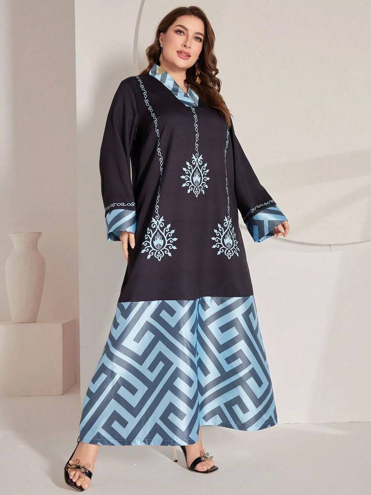 Plus Size Geometric Pattern Fashion Arabian Dress For Women Kaftan Jalabiya Dress