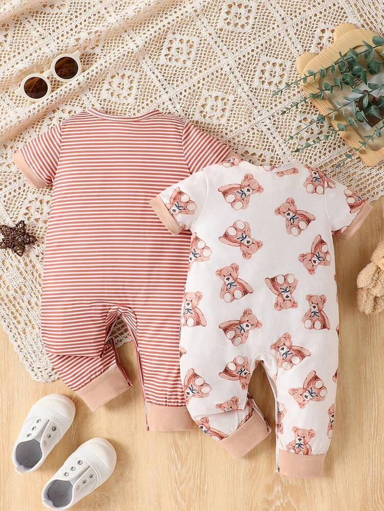 Baby Boys' Simple And Comfortable Cute Bear Striped And Printed Jumpsuit Set