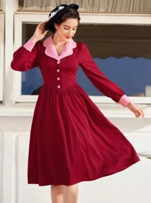 Vintamour Women's Vintage Color Block High Neck Dress - Burgundy - View 5