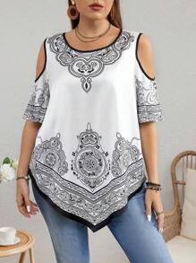 SHEIN LUNE 大码夏季定位印花露肩衬衫 - 黑與白 - 查看 6