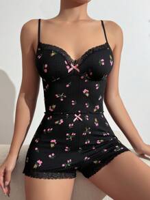 Của phụ nữ Ren Vá lại Áo Cami & Quần short Nội y sexy Bộ - màu đen - Xem 5