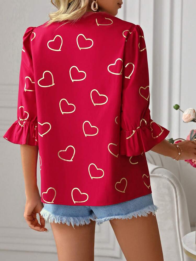 Women's Heart Print Notch Neck Short Sleeve Blouse