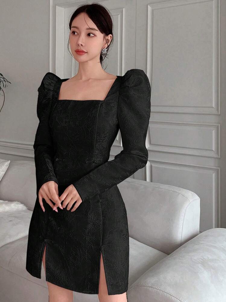 EastFlair 女款中式開叉領口腰袖側開衩洋裝 - 黑色 - 查看 3