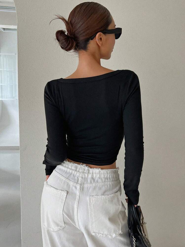 Women's V-Neck Half Button Up Tight Long Sleeve T-Shirt With Curved Hem