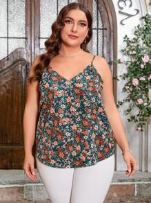 SHEIN Clasi Plus Size Summer Floral Printed Spring Green Cami Top - Green - View 6