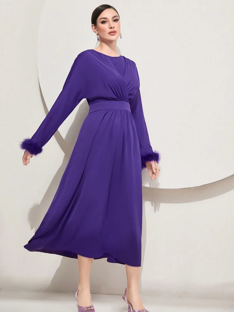 Women'S Round Neck Plush Trim Patchwork Folded Dress Fall Cloth For Women