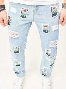 Manfinity Homme Gedruckte Männer Zerrissene Straight Leg Jeans - Blau - Übersicht 3