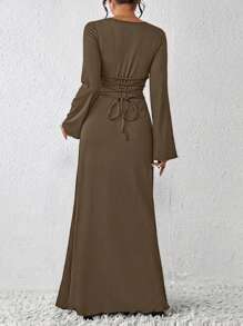 SHEIN LUNE Ladies' Solid Color Back Cross Strap Dress - Chocolate Brown - View 4