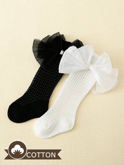 2對黑白色帶蝴蝶結網底襪,適用於春夏季寶寶女孩