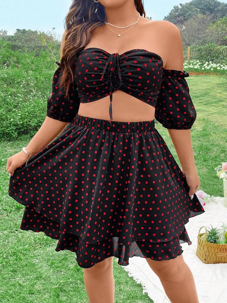 Plus Size Polka Dot Print Off-Shoulder Top And Skirt Set