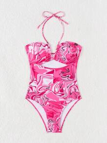 SHEIN Swim Women's Random Printed Hollow Out Halter Neck One Piece Swimsuit Valentine - Multicolor - View 4