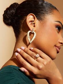 SHEIN SXY 空心心形和葉子形耳環戒指套裝 - 金黃色 - 查看 4