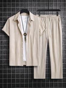 Manfinity Homme Men'S Solid Color Casual 2pcs/Set Outfit - Khaki - View 2