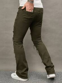 Manfinity 男式拼接保暖牛仔裤 - 軍綠色 - 查看 2