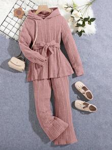 SHEIN Tween 女孩基本款連帽長袖 T 恤和喇叭褲,2 件/套 - 粉色 - 查看 3