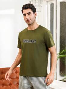 男款字母印花短袖家居服上衣 - 軍綠色 - 查看 1