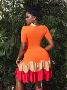 Slaydiva Vacation Date High Stretch Round Neck Music Festival Elegant Casual Short Sleeve Resort Style Multi-Color Color Block Pleated Design Stitching Slim Women's Dress