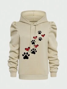 SHEIN LUNE Women's Pullover Hoodie With Claw Print And Heart Pattern - Beige - View 6