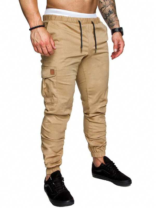 Manfinity Homme Men's Cargo Pants With Drawstring Waistband And Pockets, For Fall