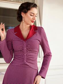 Vintamour Women's Houndstooth Pattern Pleated Long Sleeve Top And Skirt Set - Pink - View 8