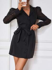 SHEIN Clasi Vestido-camisa De Cintura Con Cinturón De Manga Larga Y Abullonada De Chiffón