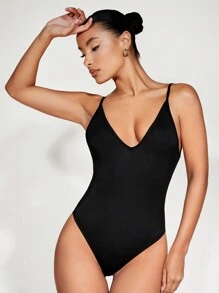 SHEIN BASICS 雙v領素色合適合身吊帶連體衣