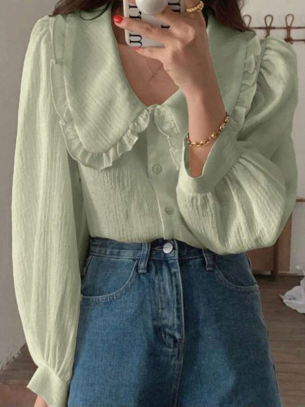 DAZY Women'S Peter Pan Collar Solid Color Shirt, Versatile,Ruffle
