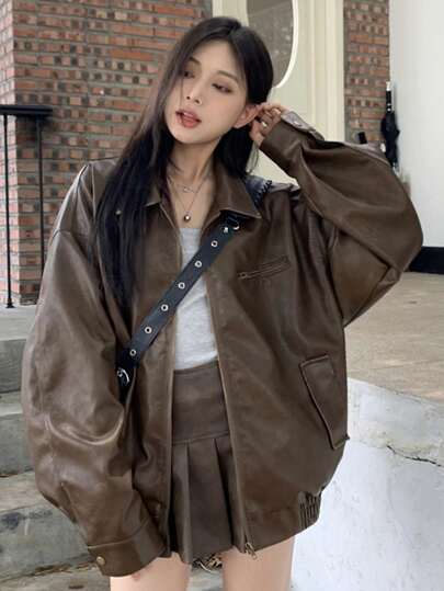 女士休闲宽松落肩长袖棕色 PU 夹克，适合春秋季节