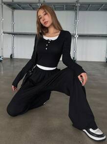 DAZY 2pcs/Set Color Block Tight-Fitting T-Shirt And Loose Long Pants Set - Black and White - View 6