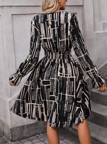 SHEIN Clasi Printed Waist Cinched Dress - Black - View 2