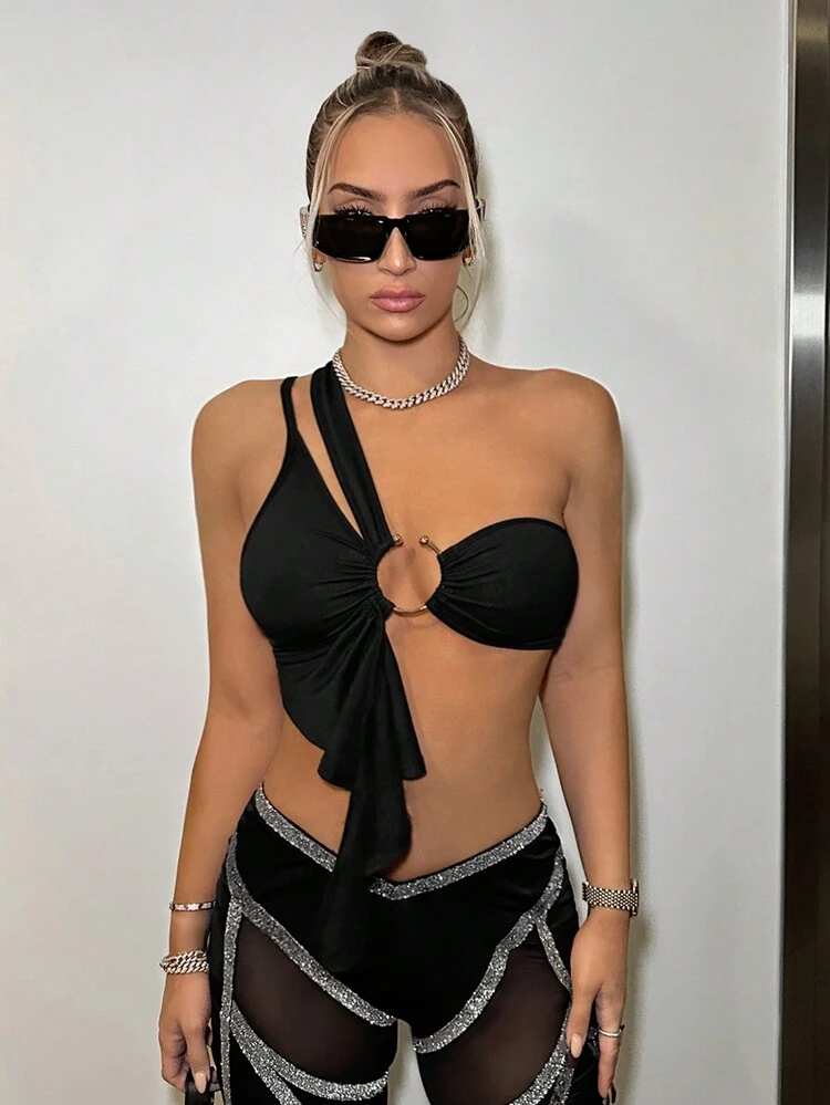 Y2k Summer Women's Slim Fit Asymmetrical Top With Asymmetrical Ruffle Hem, Metal Decor