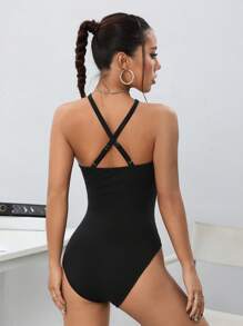 SHEIN ICON 修身2合1交叉帶網紗拼接連體褲 - 黑色 - 查看 10