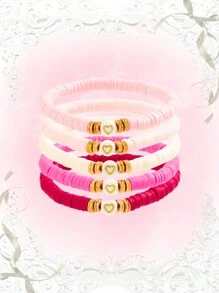 ROMWE Kawaii Bộ 5 vòng tay đất sét mềm đính hạt hình trái tim ngọt ngào và đáng yêu dành cho nữ, lý tưởng để đeo hàng ngày, làm quà tặng tình bạn hoặc quà tặng ngày Valentine (Vòng tay + Thiệp) - Nhiều màu - Xem 4