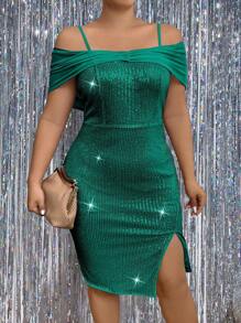 Maweii Đầm ôm sát vai có kích thước lấp lánh - Màu xanh lá cây đậm - Xem 4