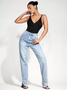 SHEIN BASICS 雙v領素色合適合身吊帶連體衣