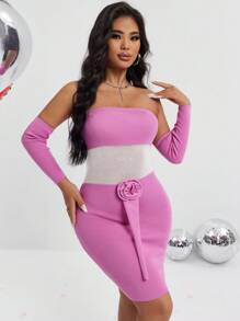 Zolique Bodycon Sweater Dress With Contrast Color Strapless Design And 3d Flower Decoration Fall Cloth For Women - Pink - View 4