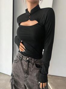 DAZY Women's Cheongsam Collar Hollow Out Slim Fit Long Sleeve T-Shirt,Back To School Clothes