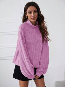 SHEIN Essnce Women's Stand Collar Drop Shoulder Long Sleeve T-Shirt - Lilac Purple - View 5