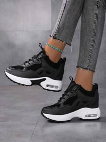Women Colorblock Lace-Up Front Wedge Sneakers, Sporty Outdoor Wedge Sneakers - Black - View 5