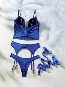 SHEIN Chất rắn Cắt ra Garter Bộ đồ lót Với vớ 1pair - Xanh đậm - Xem 2