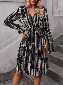 SHEIN Clasi Printed Waist Cinched Dress - Black - View 3