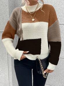 SHEIN Essnce 女款拼色落肩毛衣 - 彩色 - 查看 4