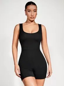 SHEIN BASICS 1 Miếng Chất rắn Phù hợp Quần áo nịt Romper - màu đen - Xem 6