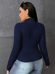 SHEIN EZwear Plus Size Women's Letter Print Stand Collar Long Sleeve T-Shirt - Navy Blue - View 2