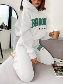 INAWLY Của phụ nữ Lá thư In Hoodie Và Quần thể thao Bộ Đối với Giải trí Mặc - trắng - Xem 6