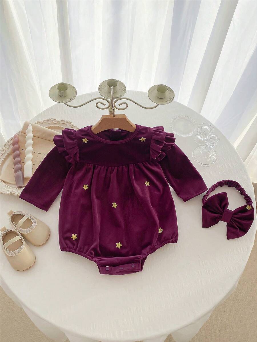 Baby Girl Velvet Bodysuit With Star Embroidery - Purple - View 1