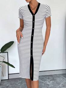 SHEIN Essnce V領條紋休閒商務風裙子 - 黑與白 - 查看 1
