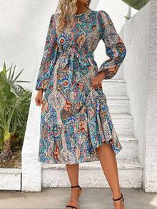 SHEIN LUNE 全版印花燈籠袖束腰連衣裙 - 彩色 - 查看 4