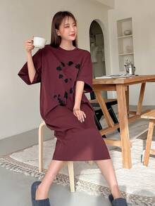 DAZY Của phụ nữ Mẫu thỏ Ngắn tay Vòng cổ Trang phục mặc nhà Đầm - Màu Đỏ Sâu - Xem 3